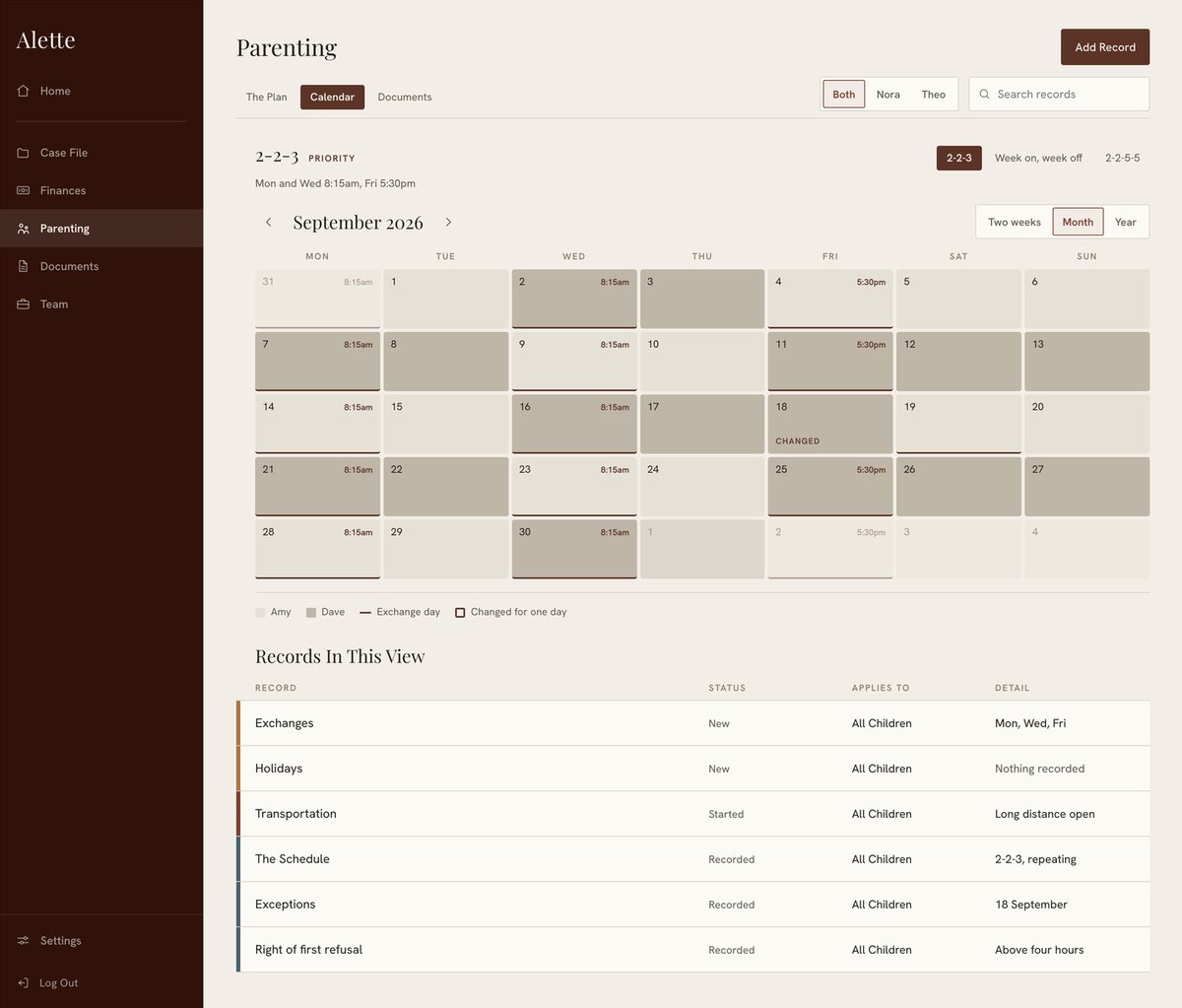 The Alette parenting calendar, a repeating 2-2-3 schedule for September with exchange days and one changed day marked